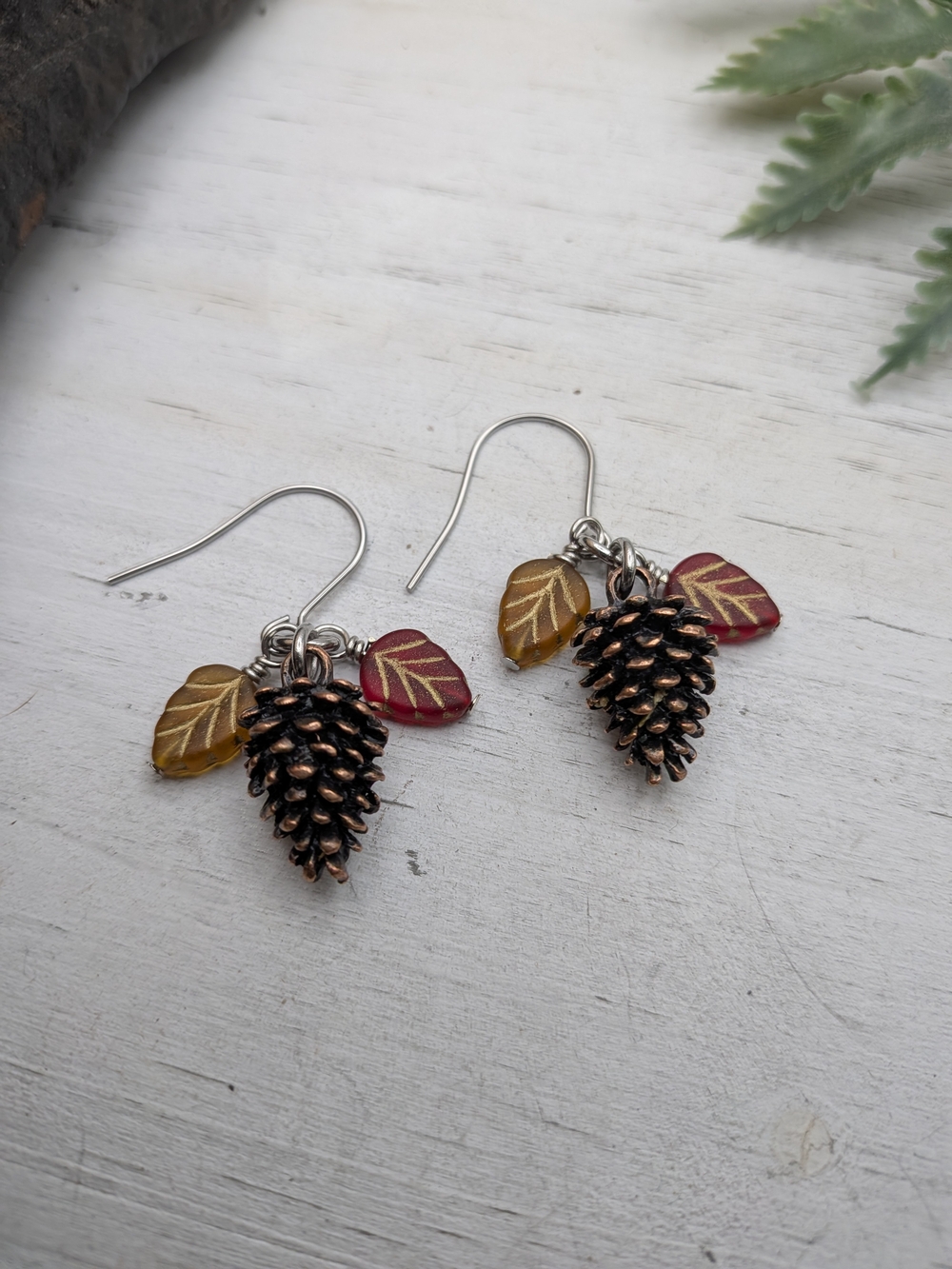 Pinecone Earrings with Autumn Leaf Charms